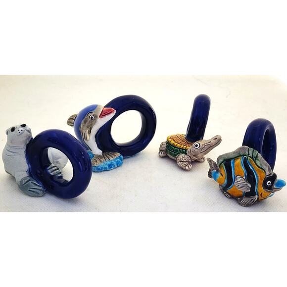 NAPKIN RINGS-LEPS Peru Terracotta-Seal, Angle Fish, Alligator, Dolphin-Set of 4 - Picture 1 of 9